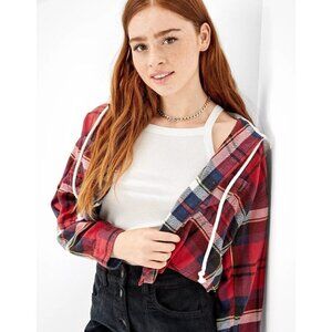 American Eagle Cozy Cabin Cropped Hoodie Flannel Sweatshirt Womens Size M